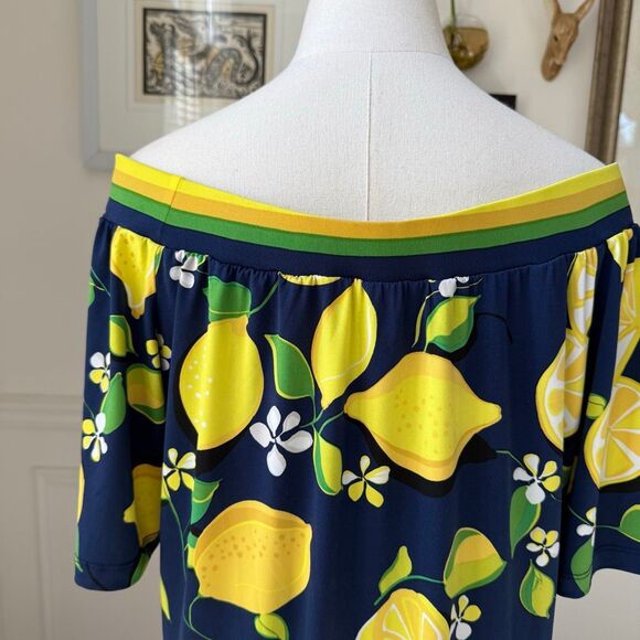 Trina Turk Kelso Lemon Print Off The Shoulder Dress Blue Yellow M - Picture 6 of 9